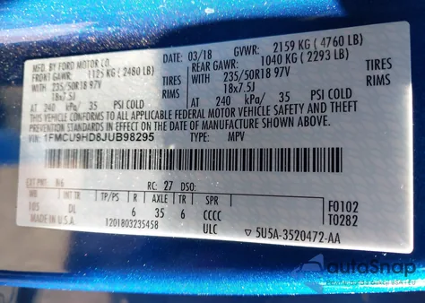 2018 Ford Escape Sel z USA, uszkodzony, nr VIN 1FMCU9HD8JUB98295